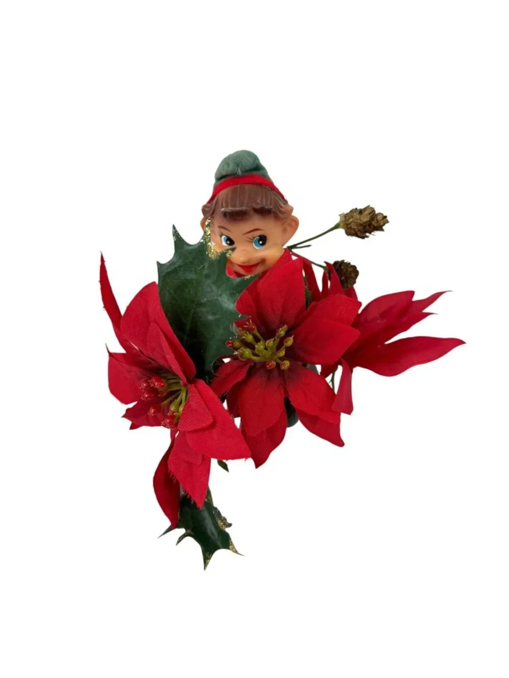 Knee Hugger Pixie Elf Holiday Christmas Decoration Silk Poinsettia Vintage 1960s
